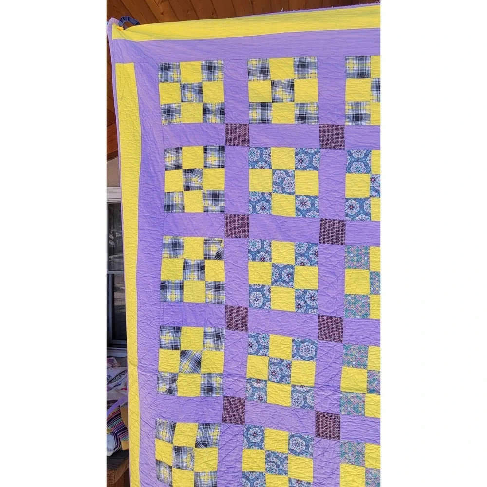 Handmade Nine Patch Quilt Purple Yellow Full Queen Cottage Farmhouse 86 x 74‎